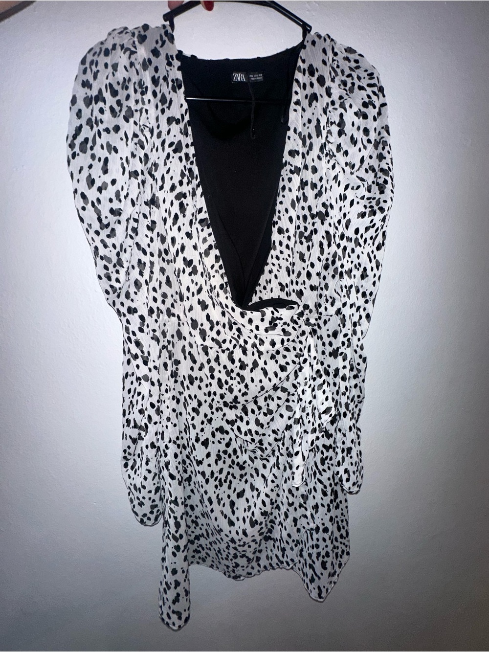 ZARA White and Black Dotted Wrap-Style Blouse